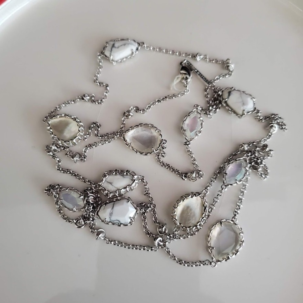 Kendra Scott Silver Plate Station Necklace White Howlite Mother of Pearl Long - Picture 6 of 7
